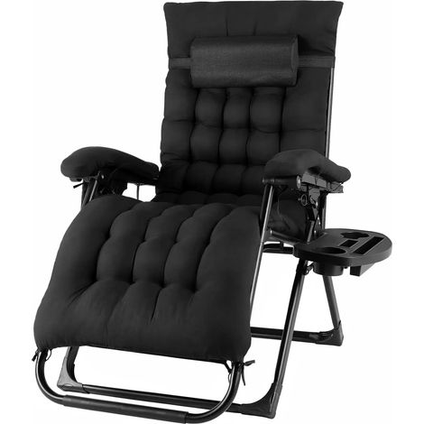 Klappbarer Zero-Gravity-Loungesessel, Übergröße, Liegestühle, Baumwollkissen für Garten, Außenterrasse, Sonnenliege, Belastung 160 kg, Schwarz