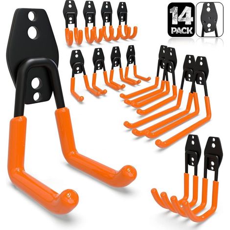 Crochet Mural Garage 14PC, Rangement Garage,Crochet Mural en Acier Fortes pour Êchelle,Vélos,Tuyaux,Outils électriques(Orange) (1/5)