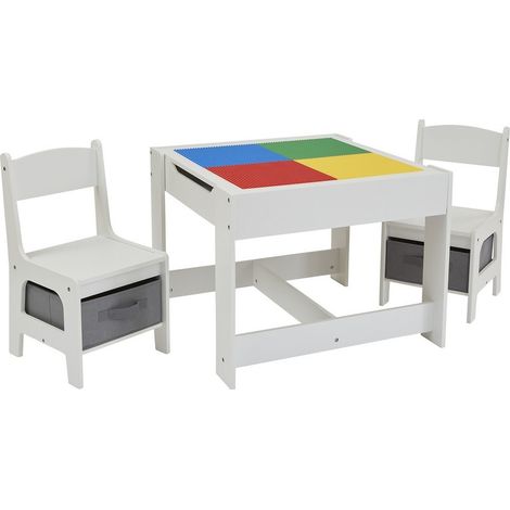White Construction Top Table with Two Chairs and Storage - L60 x W60 x H48 cm