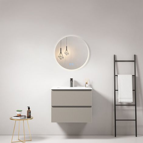Mobile bagno sospeso cannettato 60 cm Grigio Cenere Lavabo in Ceramica Specchio Tondo Retroilluminato - Fiji Paint