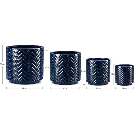 Juego de 4 macetas de cerámica hechas a mano (Ø37/31/24,5/17,5 cm), azul oscuro brillante con relieve redondo en espiga, transpirables, resistentes a las heladas, con orificios de drenaje para uso en  (1/5)