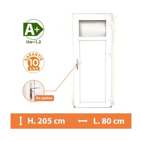 Direct Fenêtres – Porte de service PVC 1/4 vitrée – Blanc RAL 9016 – H.205 x l.80 cm – Double vitrage feuilleté – Isolation thermique A (1/5)