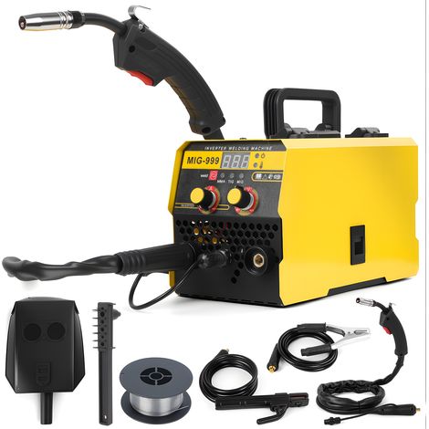 FIANAO – 3 in 1 gasfreier MIG Schweißgerät – 140 A, duale Spannung 110V 220V, digitales LED Display, tragbar, mit Zubehör, für Heimwerkstatt, 30 × 15 × 18 cm, Gelb (1/5)