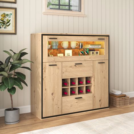 Credenza, elegante cantinetta con doppie ante, ripiano in vetro e portabottiglie