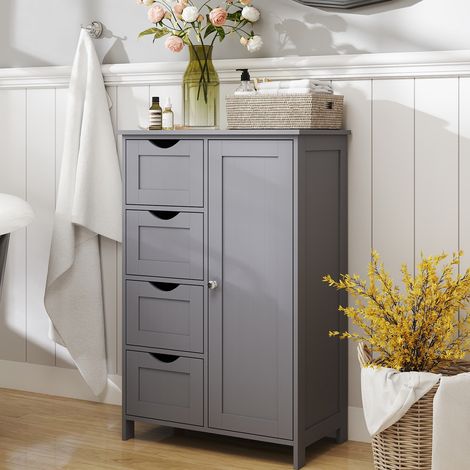 Vasagle – Meuble bas de salle de bain 4 tiroirs – Placard avec porte – Étagère réglable – Dimensions 30 x 55 x 82 cm – Panneau MDF gris tourterelle