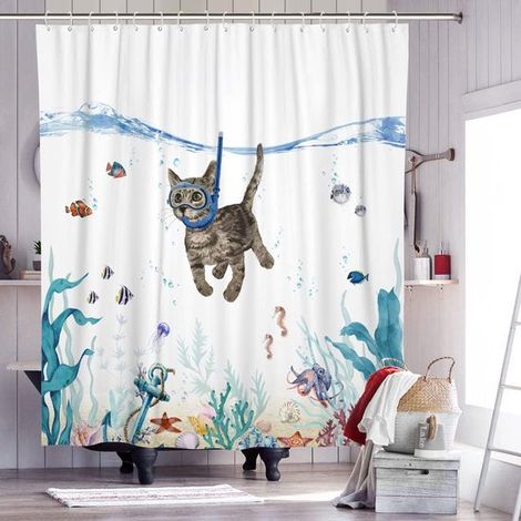 Cortina de ducha - 180 x 180 cm - Gato buceando solo - Poliéster - Color - Con ganchos - Antimoho - Impermeable - Decoración de baño (1/5)