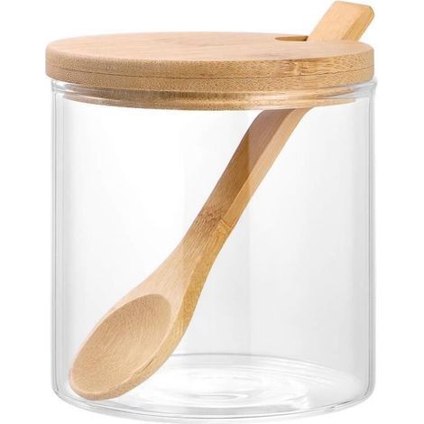 Gewürzglas aus Glas – Transparent – Bambusdeckel – Holzlöffel – 8 x 8 cm (1/4)
