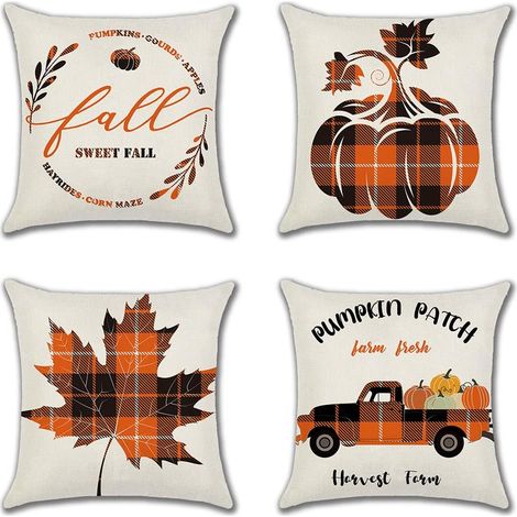 Set of 4 Autumn Thanksgiving Cushion Covers Orange Plaid Autumn Pumpkin Maple Leaf Truck Cushion Covers Decorative Farmhouse Linen Pillowcases for Sofa 45x45cm (1/5)