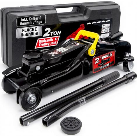 DEUBA® Hydraulic 2 Tonne Trolley Floor Jack for Cars  Lift Height 85-330 mm  Suitable for Lowered Vehicles  With Case and Rubber Pad  Portable Garage and Workshop Equipment (1/5)