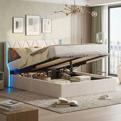 Comanlai - Lit Coffre 160x200 avec LED et Rangement, Lit 2 Personnes, Sommier à Lattes, Velours, Beige (1/5)