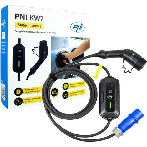 Chargeur portable PNI KW7 32A (7,4 kW) pour véhicules électriques, 230 V, type 2, IP66