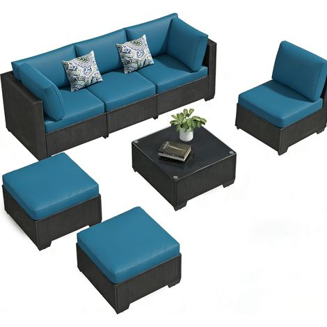 YODOLLA 7-Piece Outdoor Patio Garden Furniture Set, Black PE Rattan Wicker Sectional Sofa Conversation Set with Blue Cushions (1/5)