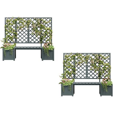 2er-Set Blumentopf, Blumentopf mit Spalier als Rankhilfe, Blumentopf mit viel Platz, Blumenkasten Pflanzkasten, graue Tanne massiv, Blumentopf mit Spalier und Sitzgelegenheit für Garten Terrasse