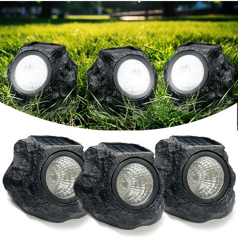 Lampes solaires de paysage en pierre – Lot de 3 lampes solaires en fausse pierre étanches pour allées de jardin Éclairage extérieur au sol avec allumage/extinction automatique et LED blanches (1/5)