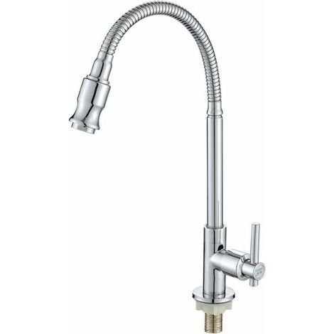 Robinet de cuisine extérieur 360° rotatif monotrou monocommande eau froide en cuivre chromé pour évier portable buanderie camping-car (1/5)