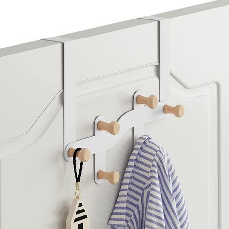 Patère de porte 6 crochets en fer et bois, porte-manteau suspendu pour vêtements sacs chapeaux, organisateur de rangement sans perçage pour chambre salle de bain, blanc (1/5)