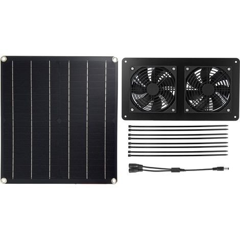 Ortviai Ventilateur solaire 20 W avec double soufflante pour poulailler, serre, abri pour chien ou hangar – noir