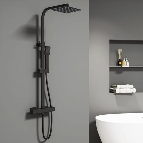 Columna de Ducha Termostática Ducha Casa negro mate alcachofa cuadrada y ducha superior grande 20 cm con barra redonda regulable (1/5)