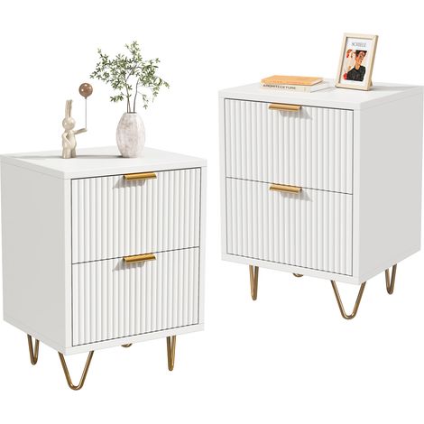 Nachttisch, Nachttisch Set mit 2, Nachttisch Set mit 2, Weißer Nachttisch – Eleganter Nachttisch mit Griffen in Goldmetallic (1/5)