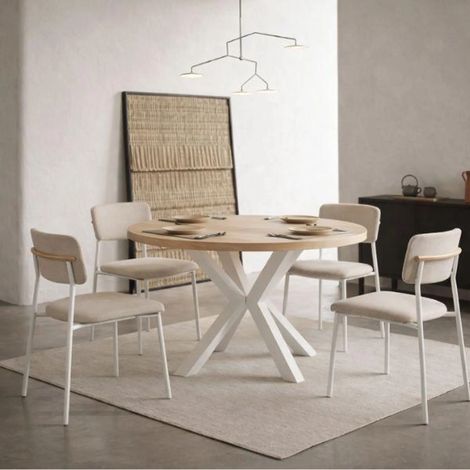Table de salle à manger ronde extensible RAL avec pieds en bois, style loft, industriel, diamètre : 90 / 140 cm, Couleur :Sonoma / Blanc (1/5)