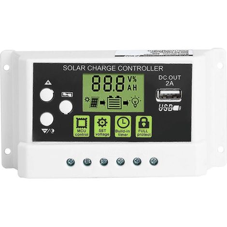 Contrôleur de charge solaire intelligent PWM avec écran LCD, sortie USB, 12 V/24 V, 10 A pour camping-car, bateau et système solaire autonome (1/5)