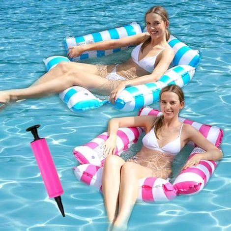 Flottant Hamac Gonflable, 2Pcs 4 in 1 Bouee Piscine Adulte Portable Matelas Gonflable Piscine avec Pompe à Air Manuelle, Hamac de Piscine pour Plage, Vacances, Partie (1/5)