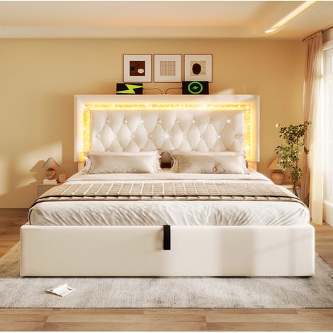 Bett mit Stauraum 160x200 cm Samt Beige, mit LED-Kopfteil, USB-C/USB, hydraulischem Bettkasten und Lattenrost (1/5)
