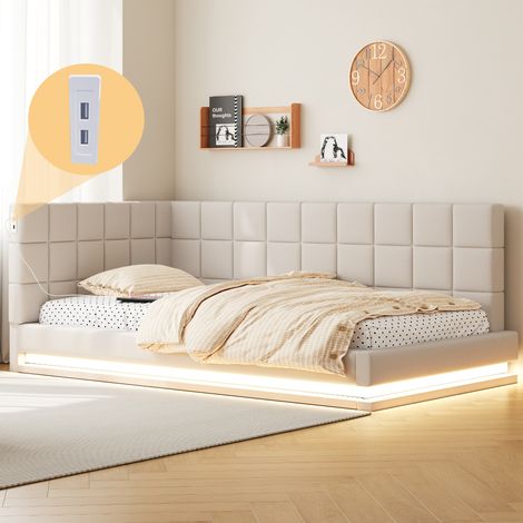 Lit banquette 90 x 200 cm capitonné en lin beige avec LED, USB et sommier à lattes (1/5)