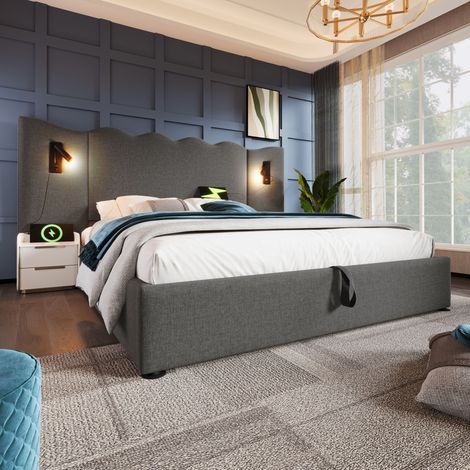 Cama doble tapizada con almacenamiento USB luz gris OKMYHOME (1/5)