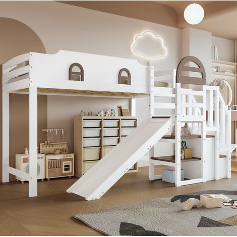 Letto a soppalco in legno massello e MDF bianco 90x200 cm con scivolo, scala contenitore e finestre (1/5)