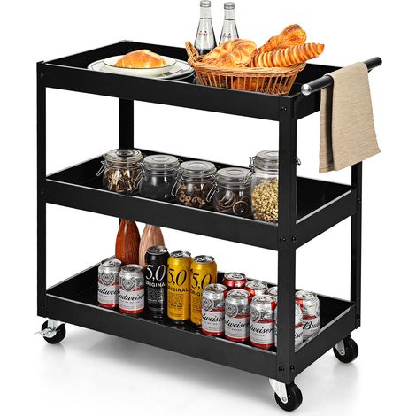 Carrello portaoggetti in metallo a 3 ripiani con maniglia ergonomica e ruote universali, carrello di servizio per garage e magazzino, nero (1/5)