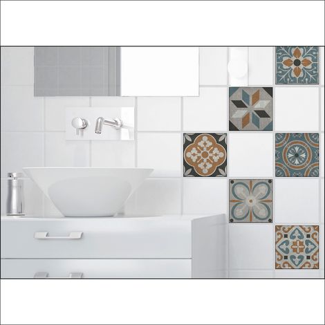 Sticker carrelage adhésif Cesena x6, 15x15cm - Décor autocollant carreaux de ciment ancien orange et bleu (1/2)