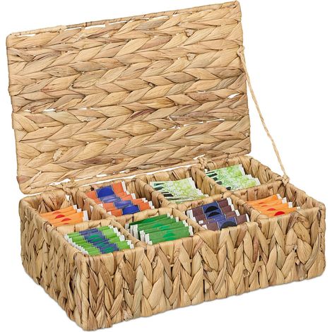 Relaxdays Scatola Porta Tè, 8 Scomparti 110 Bustine Tisane, Tea Box Coperchio, 10x33x20,5 cm, Giacinto Acqua, Naturale