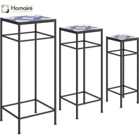 HOMAIRE Set de 3 Plant Stands Métalliques Hauts 71 cm pour Intérieur Jardin Balcon Bleu+Blanc