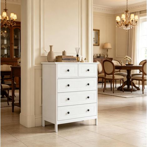 Cassettiera a 5 cassetti, 74 x 40 x 91 cm, bianca in MDF e truciolare OKMYHOME (1/5)