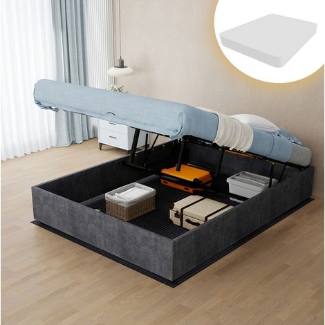 Lit moderne en tissu gris et métal 140x200 cm, sans tête de lit, avec matelas inclus (1/5)