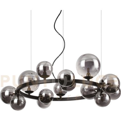 PERLAGE LAMPADARIO A SOSPENSIONE 14 LUCI ATTACCO G9 LAMPADINE INCLUSE IN VETRO FUME' TONDO