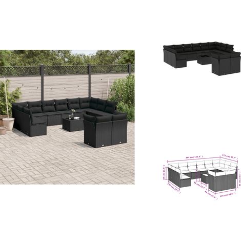 13-tlg. Garten-Sofagarnitur mit Kissen Schwarz Poly Rattan - Gartenmöbel - Esstischgarnituren - Outdoor Möbel - Lounge Set - Rattan Gartenmöbel