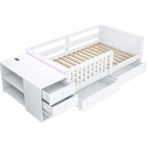 Kinder-Hochbett 90 x 200 cm mit Schreibtisch, Stauraum, LED, Steckdose und Schutzgitter, Weiß (1/5)