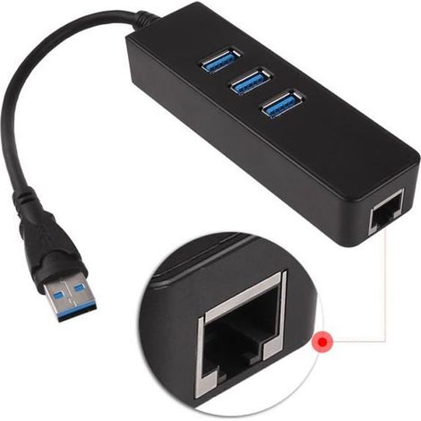 Adaptateur Ethernet RJ45 - USB 3.0 - 3 Ports - 1000Mbps - Noir - Hub Réseau Câblé (1/4)