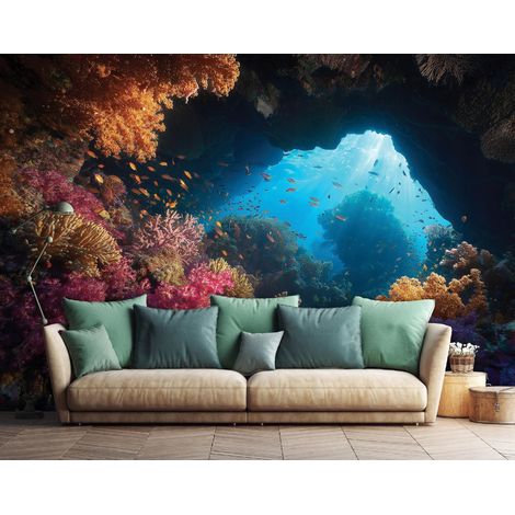 Fototapete Ozean Höhle Riff 3D-Optik, für Wohnzimmer und Schlafzimmer, 150 x 105 cm – Komplettset inkl. Kleister & Anleitung (1/5)