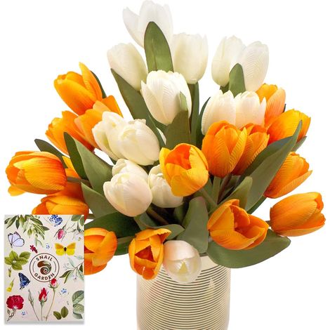 Fleurs de Tulipes artificielles, 4 Bouquets de Tulipes artificielles avec Carte de voeux, déco pour la Maison, Le Bureau, la fête et la décoration de Mariage (Jaune/Blanc) (1/5)