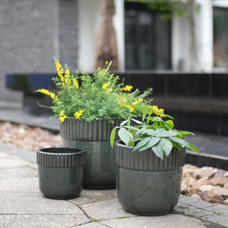 3er-Set dunkelgrüne glänzende Keramik-Blumentöpfe mit Drainage HAVRYA (1/5)