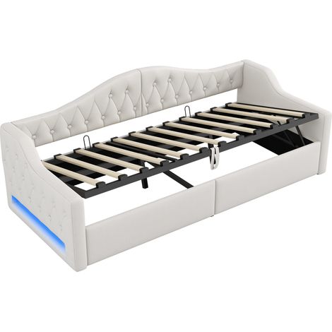 GagaLit de jour rembourré 90x200 avec ruban LED et espace de rangement en dessous, beige (1/5)