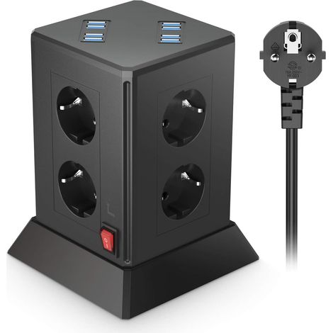 Multiprise 8 voies avec USB, plusieurs prises avec 8 ports USB, 8 prises et 2 interrupteurs, tour de prise de protection contre les surcharges pour la maison et le bureau, noir, câble de 2 m (1/5)