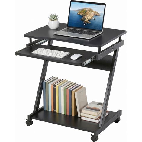 HOMCOM mesa de ordenador con ruedas, 60x48 cm, con bandeja deslizante para teclado y estante inferior, marco metálico en forma de Z, negro