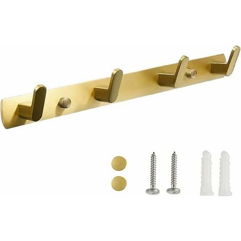Goldene Wandgarderobe mit 4 Haken – Aluminium – Wandmontage – 35 x 3,3 cm – Maximale Traglast 8 lbs pro Haken (1/5)
