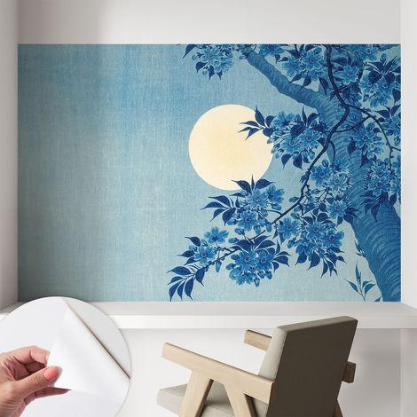 Papier peint autocollant décoratif à motifs pour salon chambre et bureau Tapete adhésif pour décoration Lune fleurie 104x70 cm (1/5)