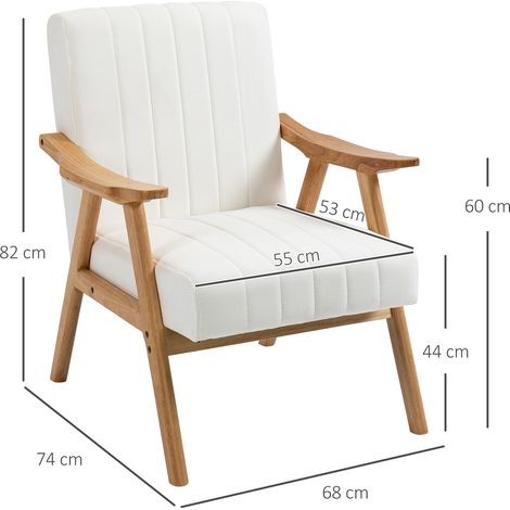 Fauteuil capitonné de style scandinave, aspect velours, structure en bois massif, 68 x 74 x 82 cm, naturel et crème (1/5)