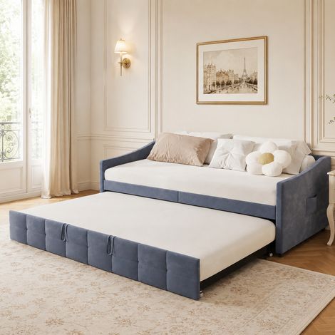 Lit gigogne 90x200 cm, Canapé-lit extensible 2 en 1 avec Sommier à Lattes et Poches Latérales pour Salon Chambre d'Amis, Velours, Gris (1/5)